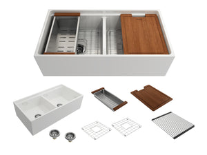 Alternate Image for BOCCHI Contempo 36" Fireclay Workstation Farmhouse Sink with Accessories, 50/50 Double Bowl, Matte White, 1348-002-0120