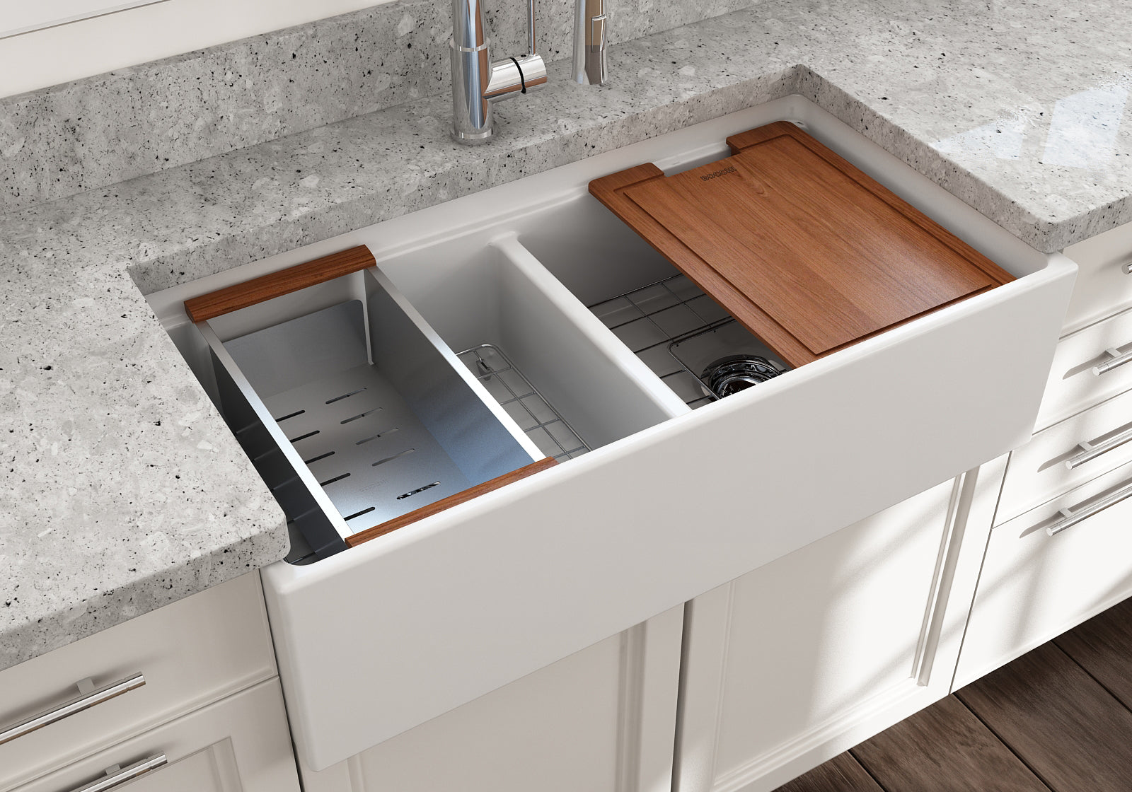 BOCCHI Contempo 36" Fireclay Workstation Farmhouse Sink with Accessories, 50/50 Double Bowl, Matte White, 1348-002-0120