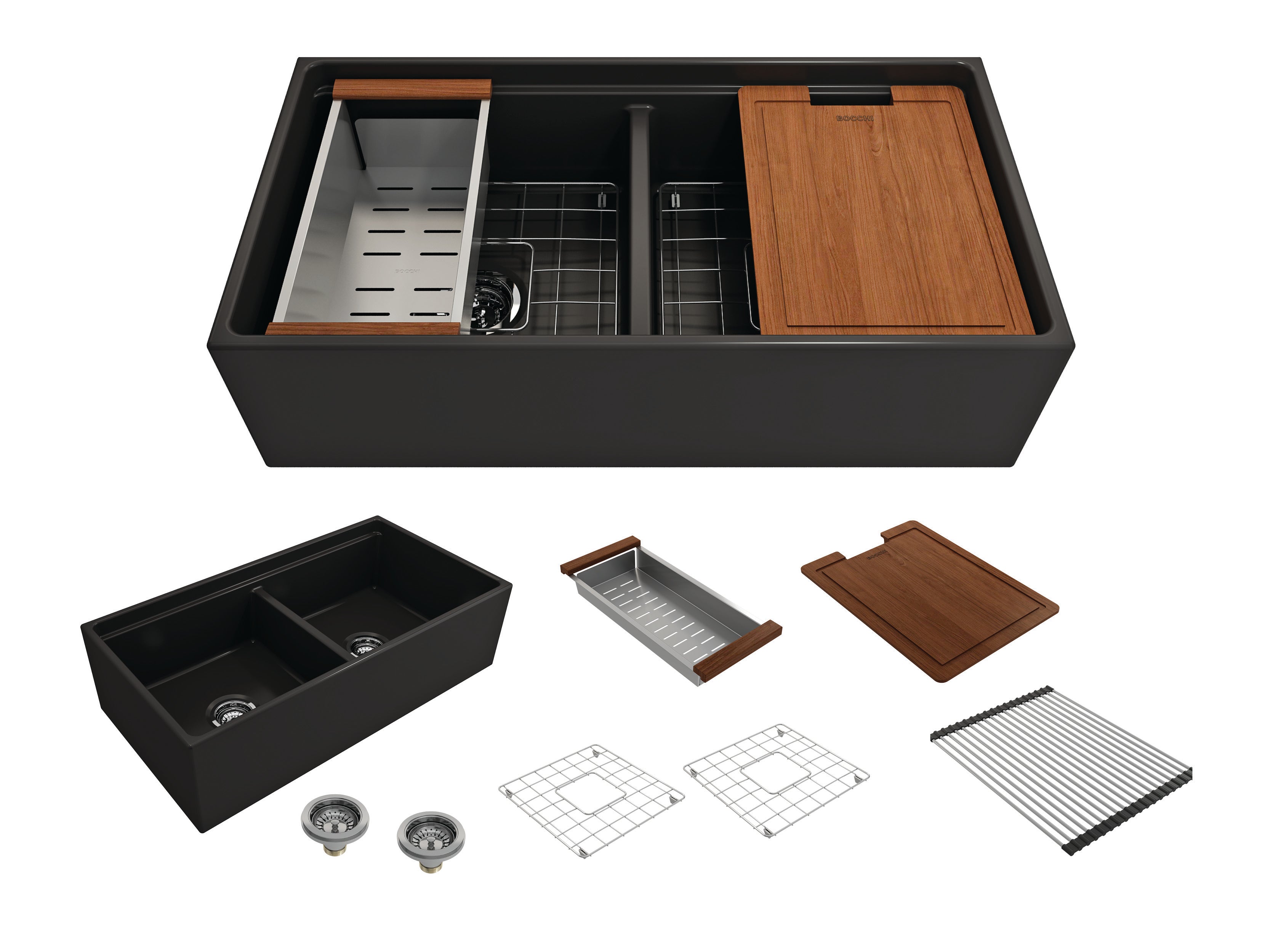 BOCCHI Contempo 36" Fireclay Workstation Farmhouse Sink with Accessories, 50/50 Double Bowl, Matte Black, 1348-004-0120