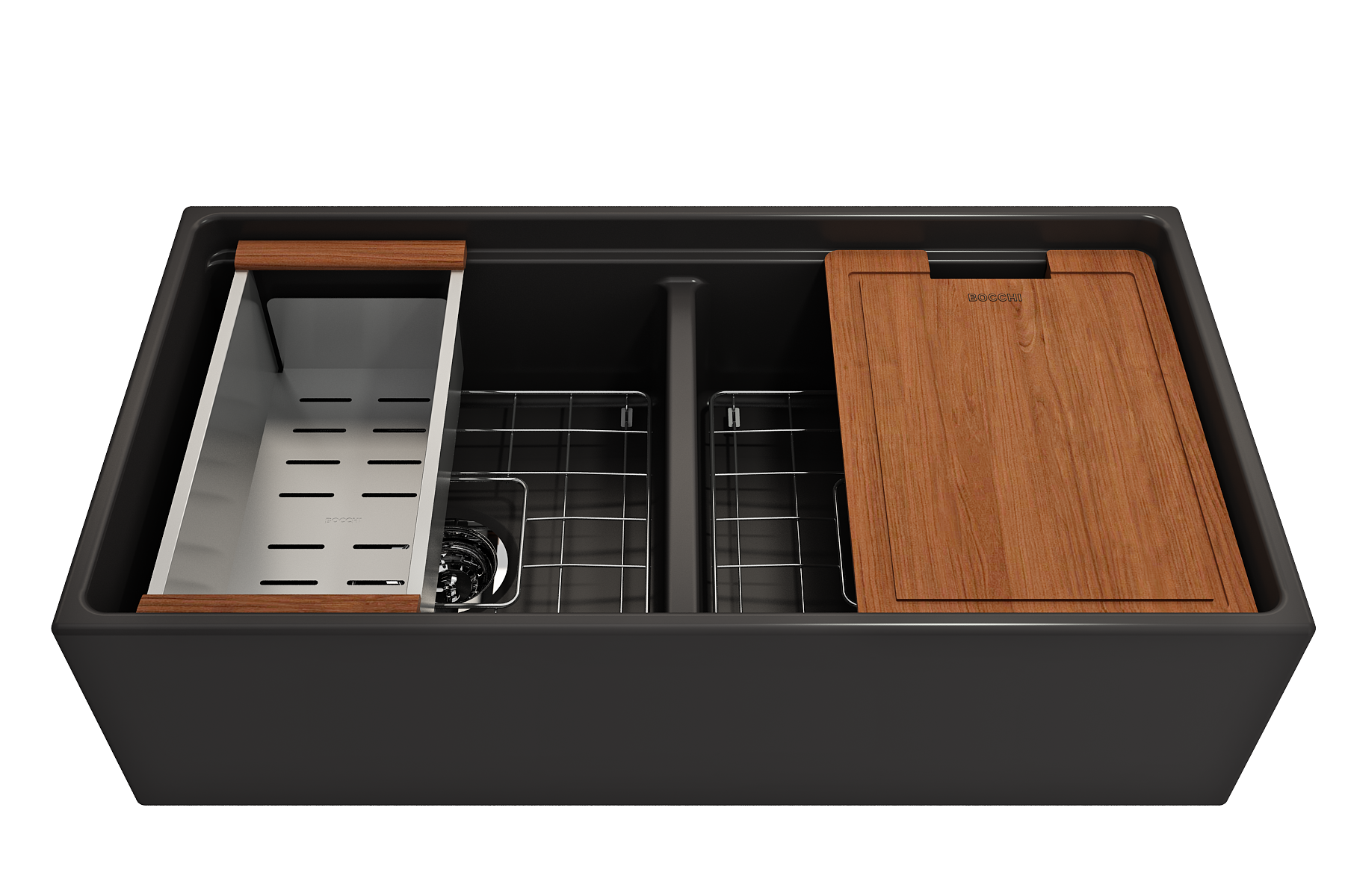 BOCCHI Contempo 36" Fireclay Workstation Farmhouse Sink with Accessories, 50/50 Double Bowl, Matte Black, 1348-004-0120