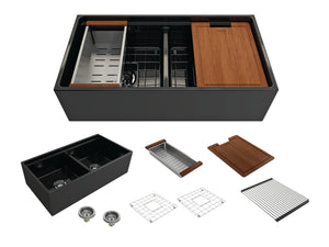 Alternate Image for BOCCHI Contempo 36" Fireclay Workstation Farmhouse Sink with Accessories, 50/50 Double Bowl, Black, 1348-005-0120