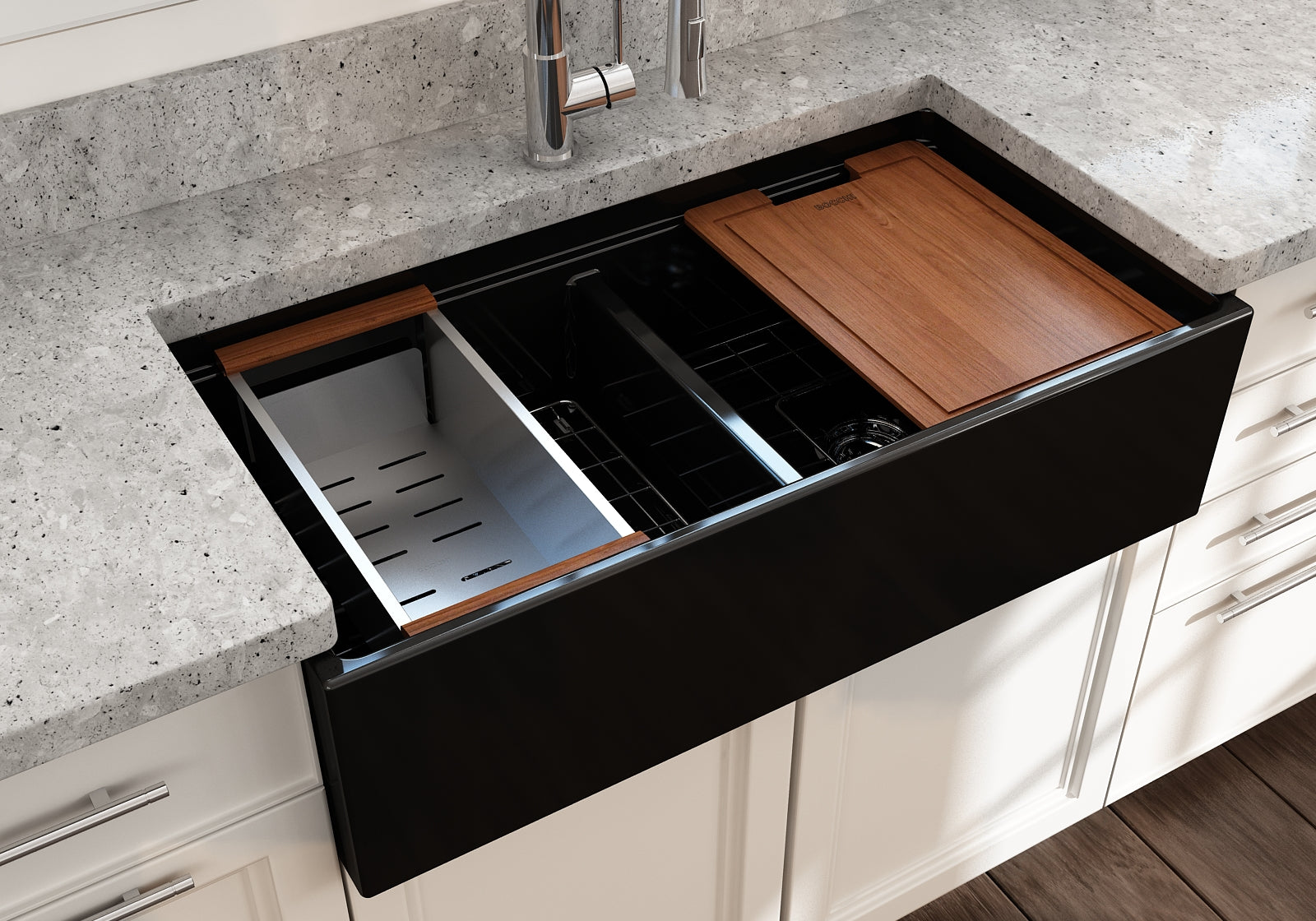 BOCCHI Contempo 36" Fireclay Workstation Farmhouse Sink with Accessories, 50/50 Double Bowl, Black, 1348-005-0120