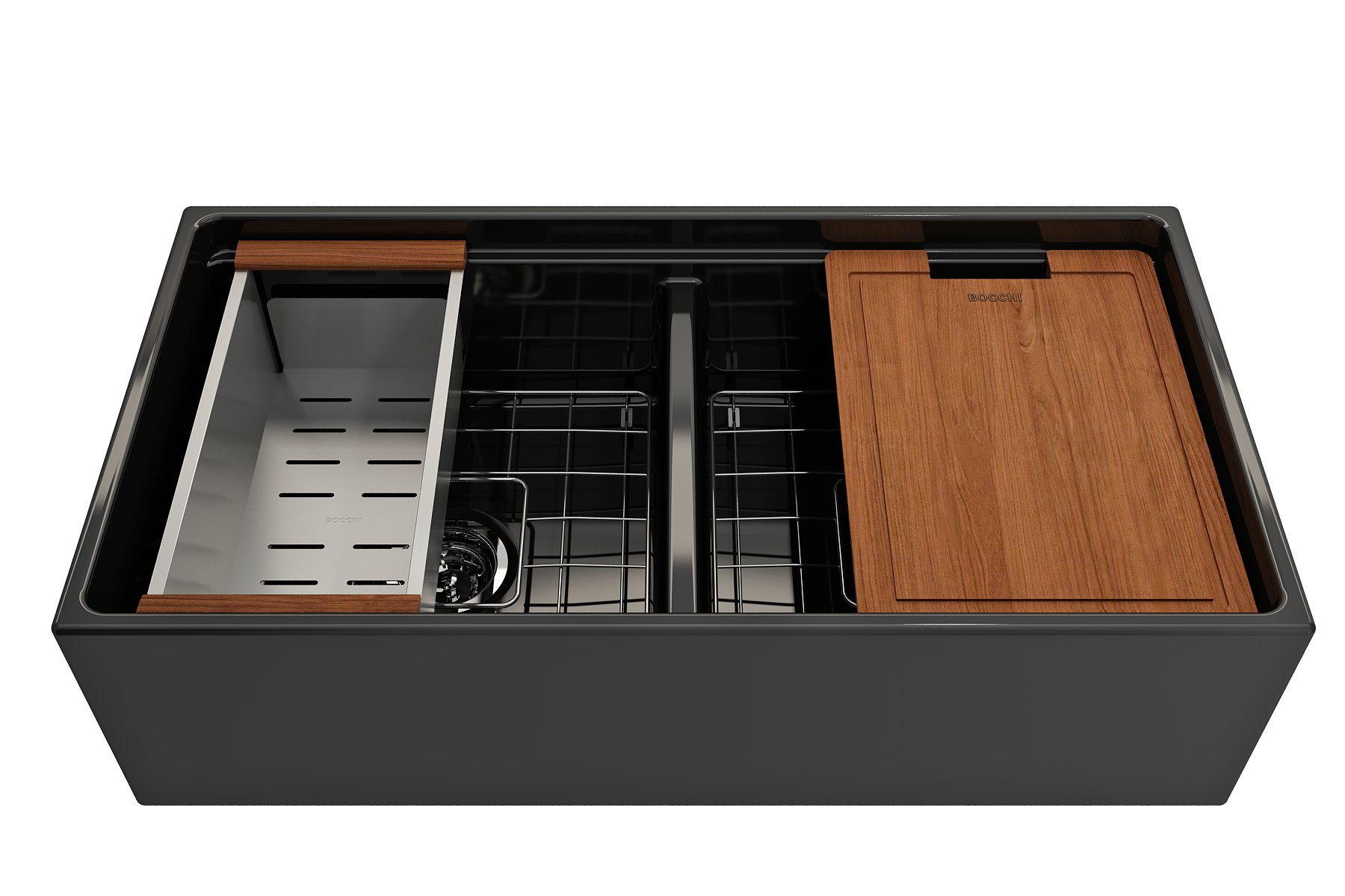 BOCCHI Contempo 36" Fireclay Workstation Farmhouse Sink with Accessories, 50/50 Double Bowl, Black, 1348-005-0120