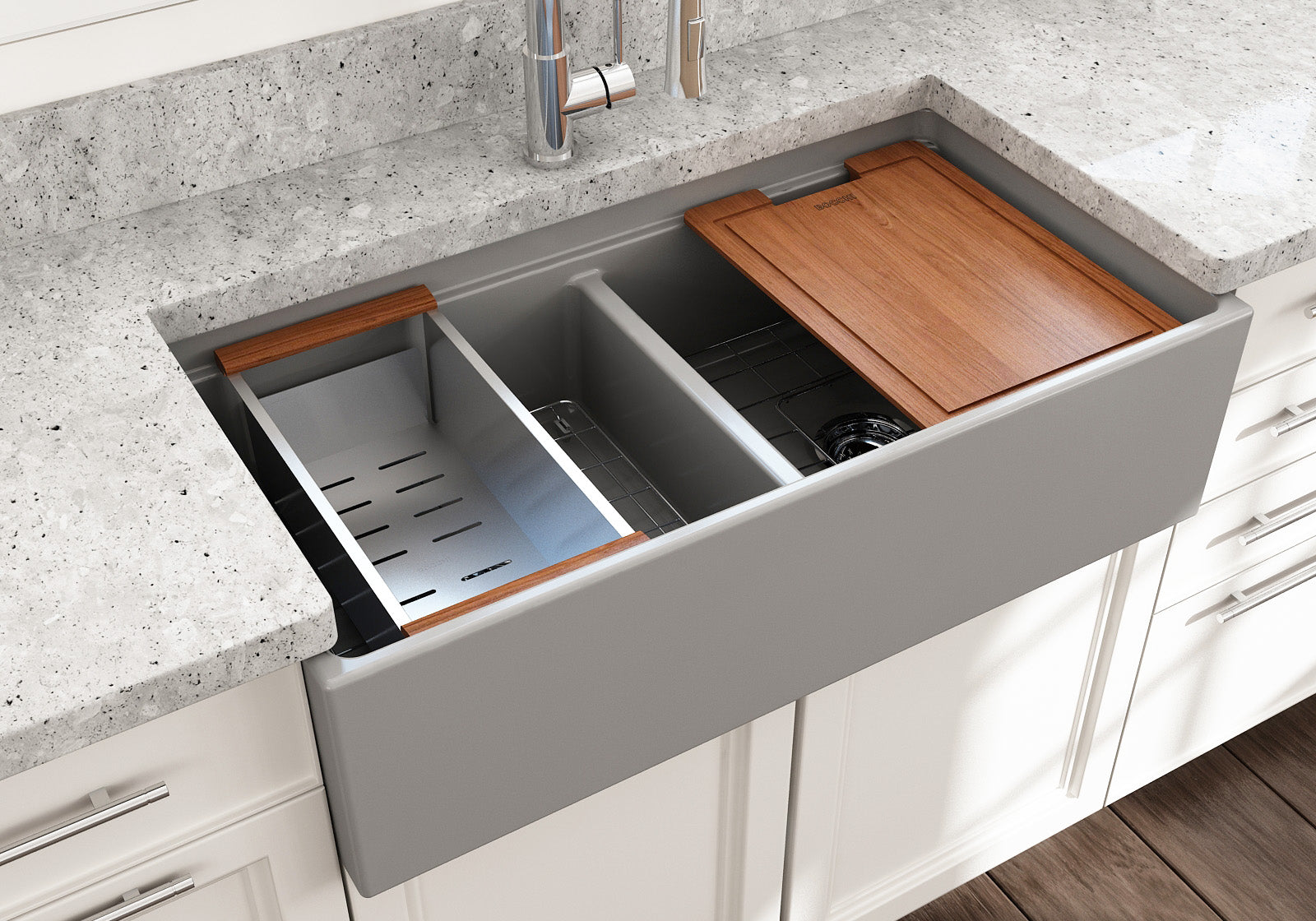 BOCCHI Contempo 36" Fireclay Workstation Farmhouse Sink with Accessories, 50/50 Double Bowl, Matte Gray, 1348-006-0120