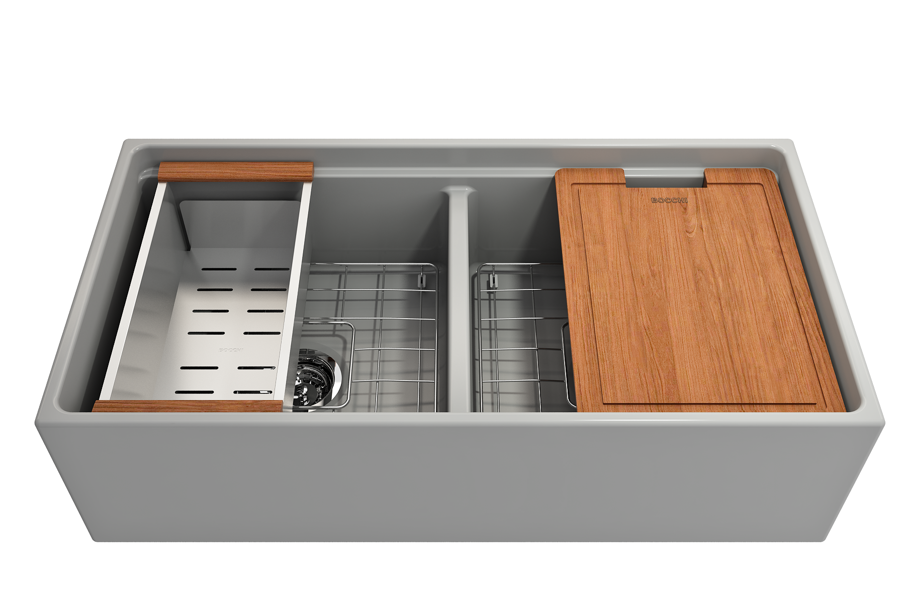 BOCCHI Contempo 36" Fireclay Workstation Farmhouse Sink with Accessories, 50/50 Double Bowl, Matte Gray, 1348-006-0120