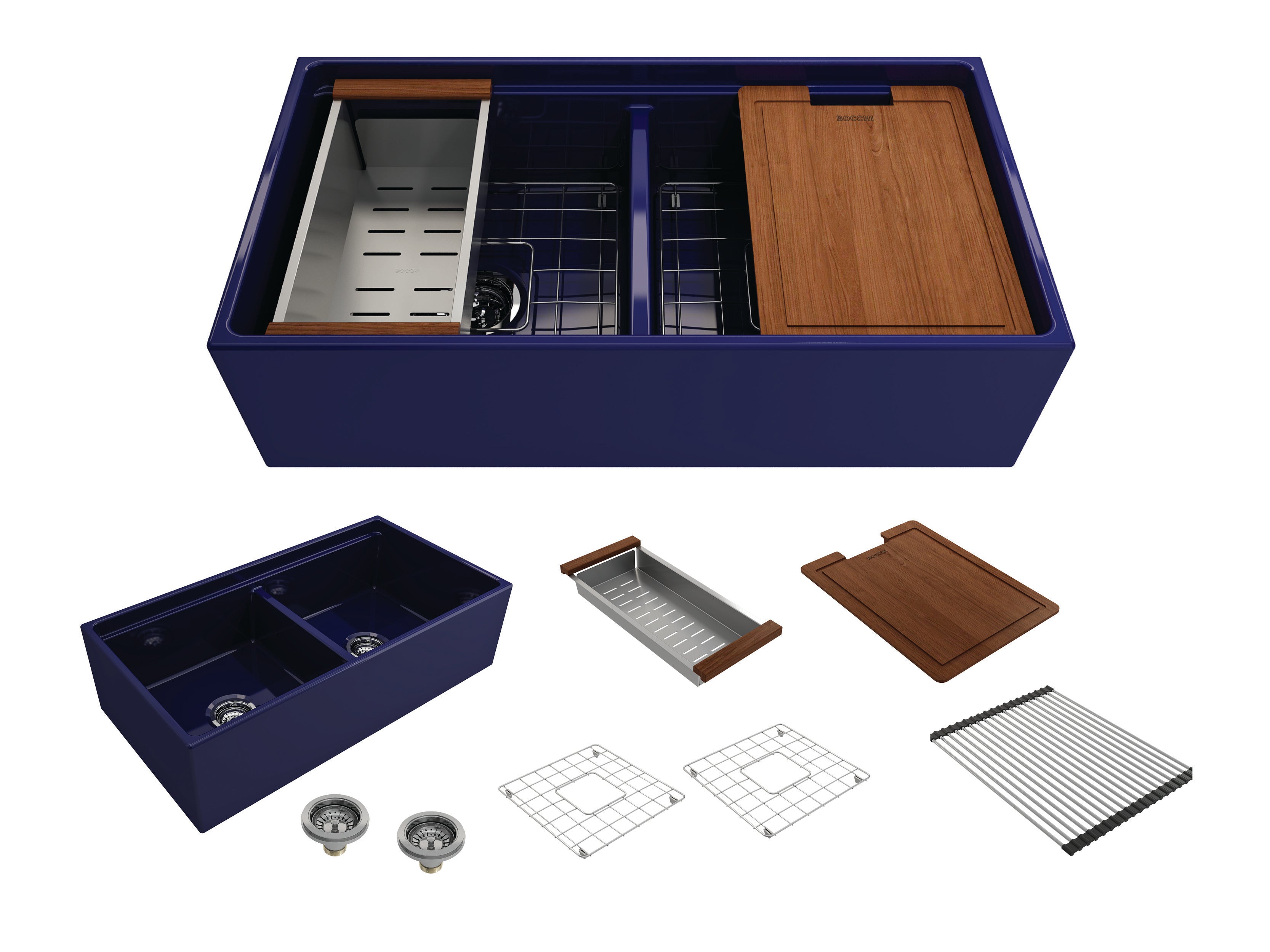 BOCCHI Contempo 36" Fireclay Workstation Farmhouse Sink with Accessories, 50/50 Double Bowl, Sapphire Blue, 1348-010-0120