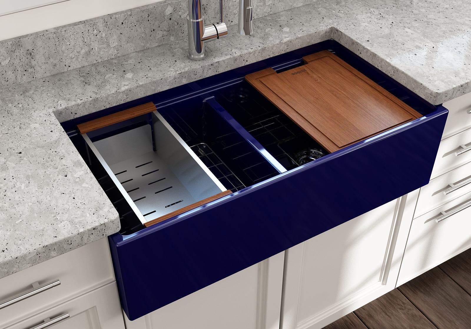 BOCCHI Contempo 36" Fireclay Workstation Farmhouse Sink with Accessories, 50/50 Double Bowl, Sapphire Blue, 1348-010-0120