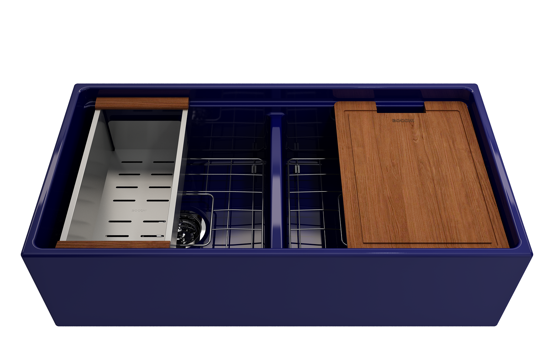 BOCCHI Contempo 36" Fireclay Workstation Farmhouse Sink with Accessories, 50/50 Double Bowl, Sapphire Blue, 1348-010-0120