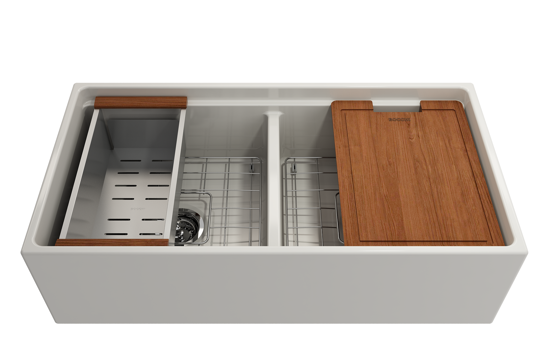 BOCCHI Contempo 36" Fireclay Workstation Farmhouse Sink with Accessories, 50/50 Double Bowl, Biscuit, 1348-014-0120