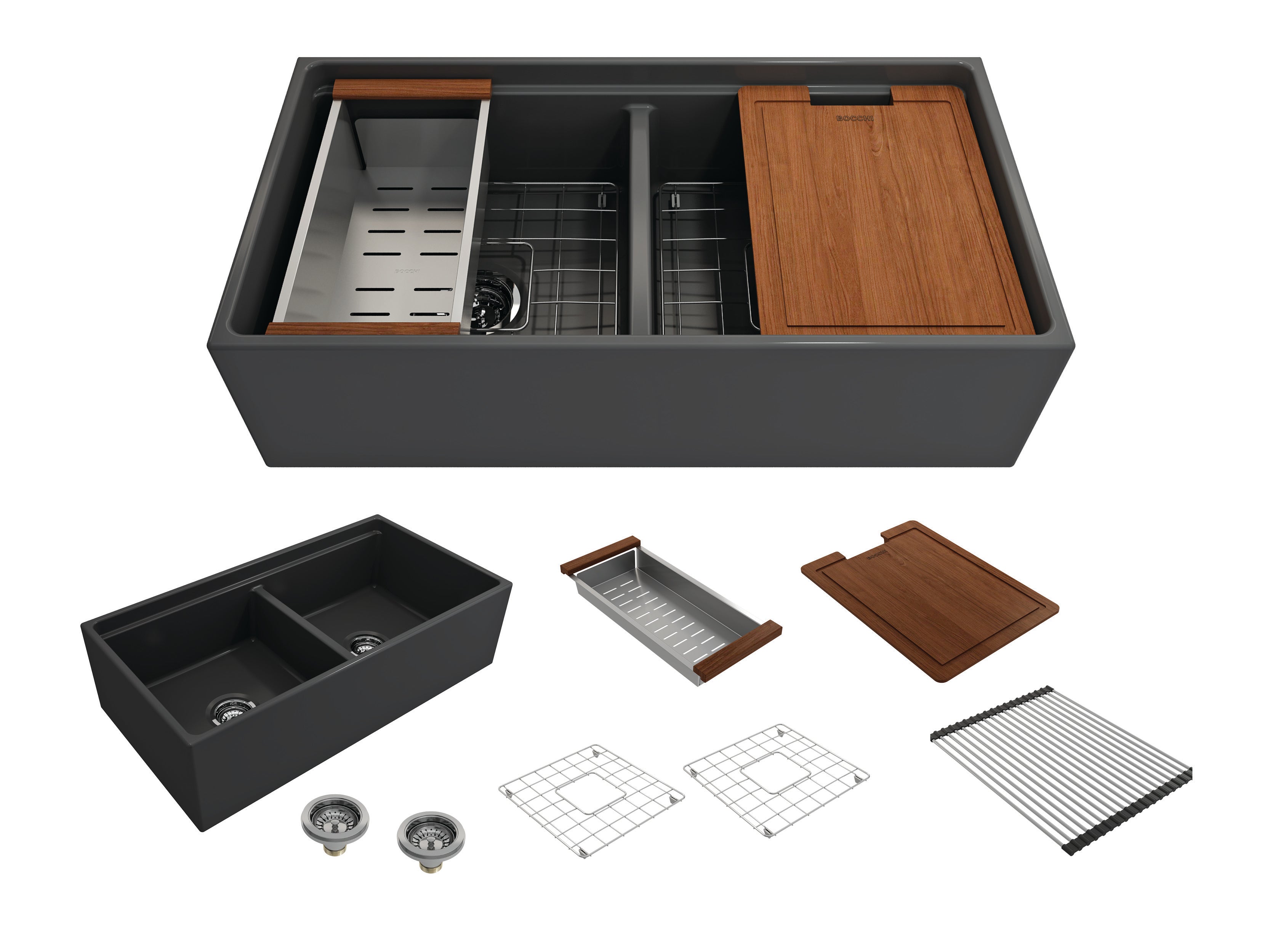 BOCCHI Contempo 36" Fireclay Workstation Farmhouse Sink with Accessories, 50/50 Double Bowl, Matte Dark Gray, 1348-020-0120