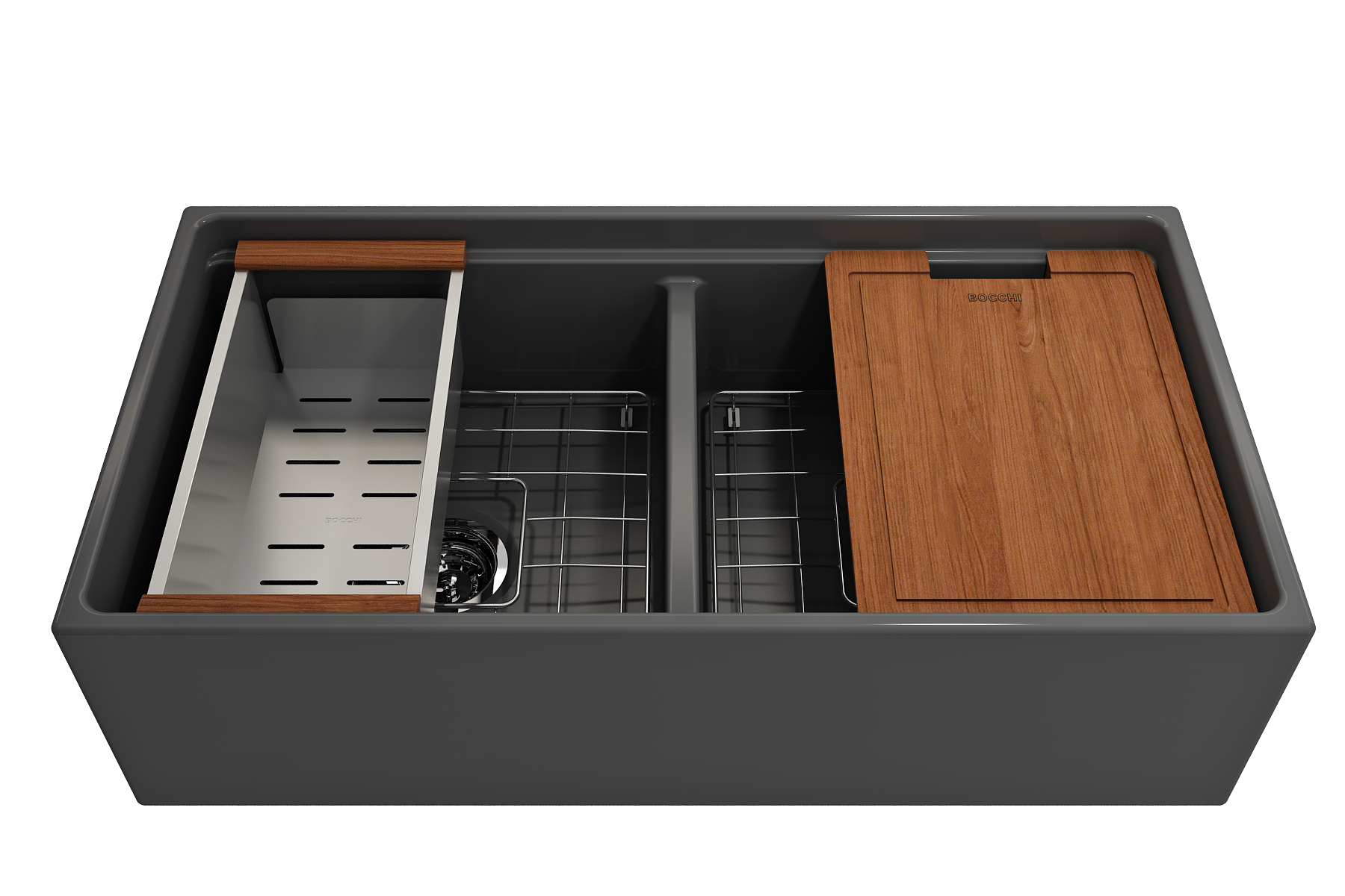 BOCCHI Contempo 36" Fireclay Workstation Farmhouse Sink with Accessories, 50/50 Double Bowl, Matte Dark Gray, 1348-020-0120