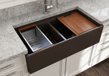 BOCCHI Contempo 36" Fireclay Workstation Farmhouse Sink with Accessories, 50/50 Double Bowl, Matte Brown, 1348-025-0120