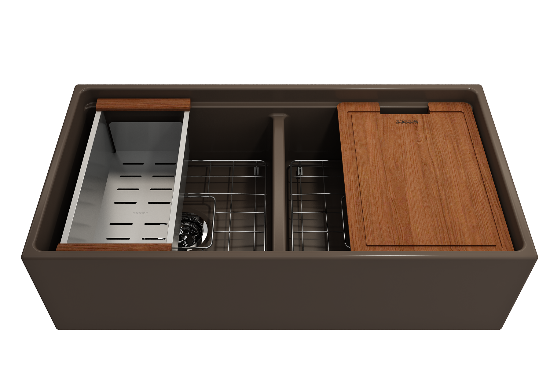 BOCCHI Contempo 36" Fireclay Workstation Farmhouse Sink with Accessories, 50/50 Double Bowl, Matte Brown, 1348-025-0120