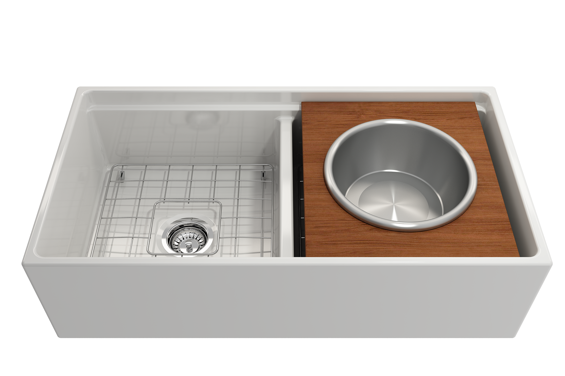 BOCCHI Wood Board with Large Round Stainless Steel Mixing Bowl and Colander