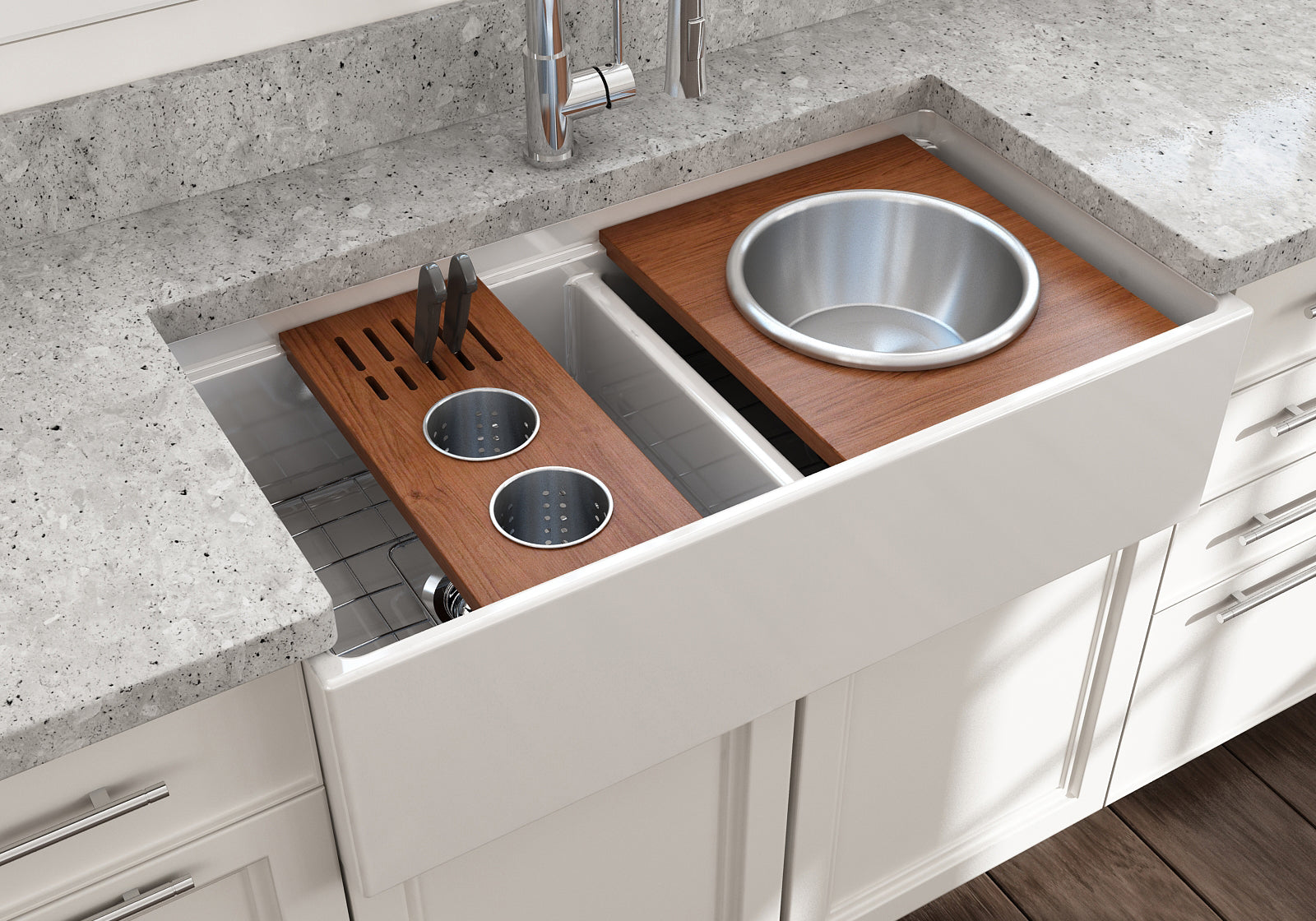 BOCCHI Wood Board with 2 Round Stainless Steel Bowls & Knife Holder