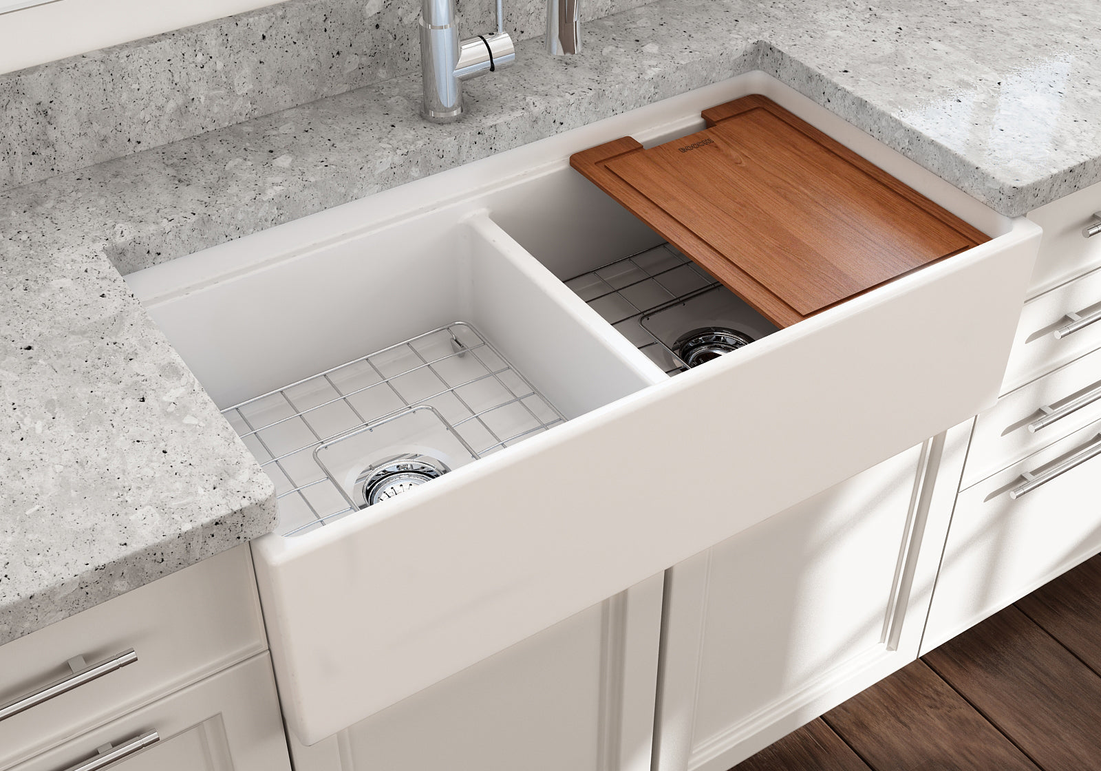 BOCCHI Contempo 36" Fireclay Workstation Farmhouse Sink with Accessories, 50/50 Double Bowl, Matte White, 1348-002-0120