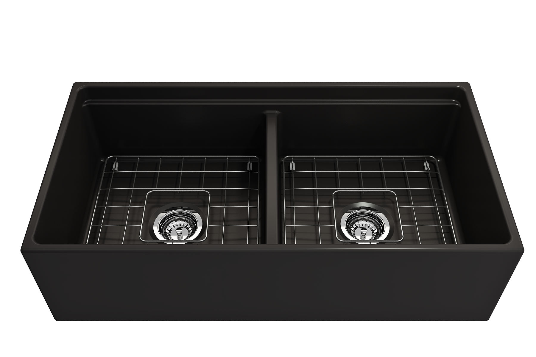 BOCCHI Contempo 36" Fireclay Workstation Farmhouse Sink with Accessories, 50/50 Double Bowl, Matte Black, 1348-004-0120