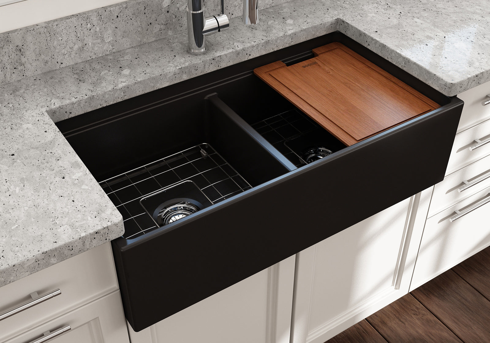 BOCCHI Contempo 36" Fireclay Workstation Farmhouse Sink with Accessories, 50/50 Double Bowl, Matte Black, 1348-004-0120