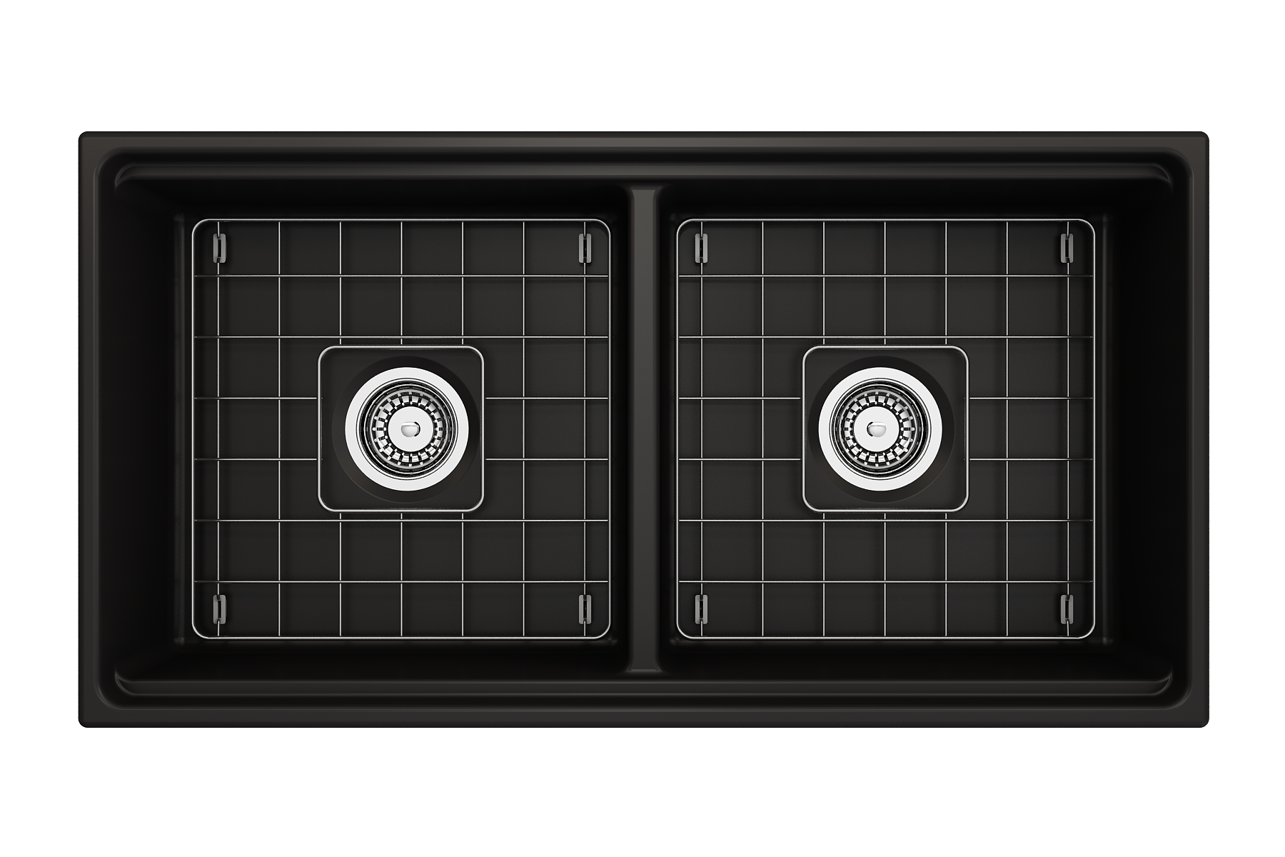 BOCCHI Contempo 36" Fireclay Workstation Farmhouse Sink with Accessories, 50/50 Double Bowl, Matte Black, 1348-004-0120