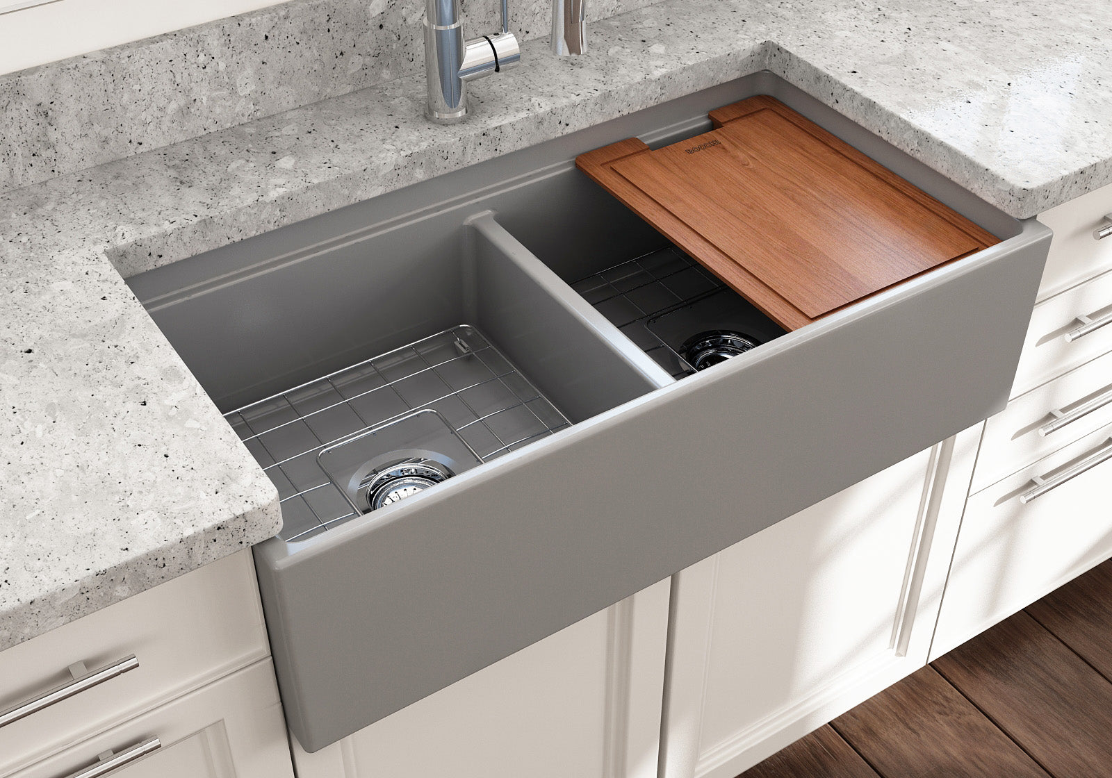 BOCCHI Contempo 36" Fireclay Workstation Farmhouse Sink with Accessories, 50/50 Double Bowl, Matte Gray, 1348-006-0120