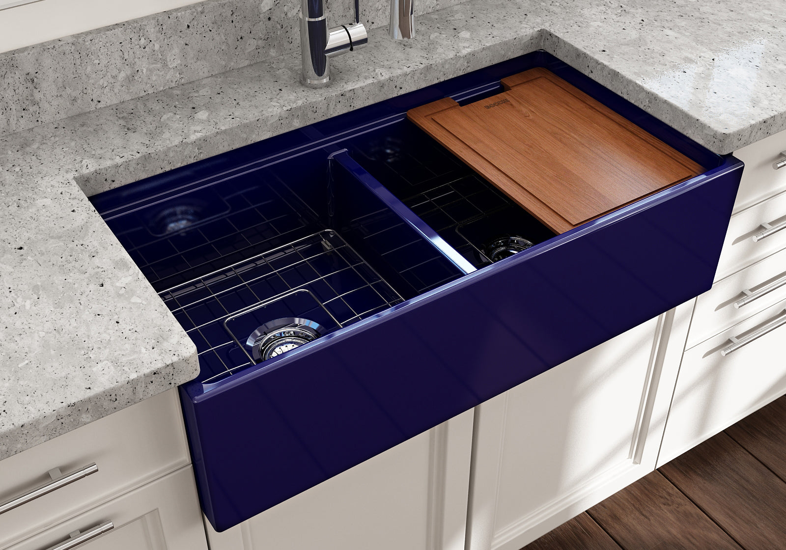 BOCCHI Contempo 36" Fireclay Workstation Farmhouse Sink with Accessories, 50/50 Double Bowl, Sapphire Blue, 1348-010-0120