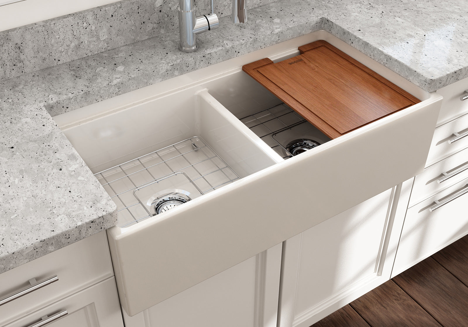 BOCCHI Contempo 36" Fireclay Workstation Farmhouse Sink with Accessories, 50/50 Double Bowl, Biscuit, 1348-014-0120