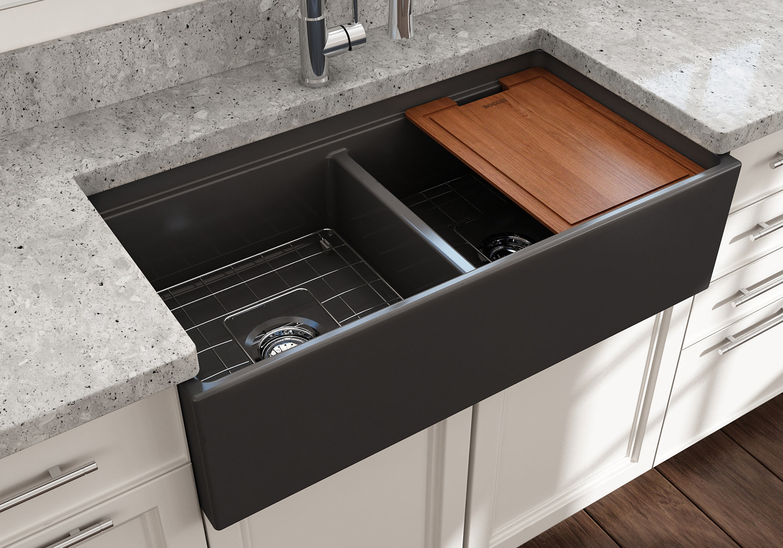 BOCCHI Contempo 36" Fireclay Workstation Farmhouse Sink with Accessories, 50/50 Double Bowl, Matte Dark Gray, 1348-020-0120