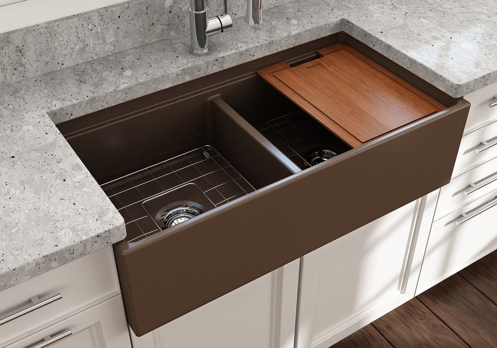 BOCCHI Contempo 36" Fireclay Workstation Farmhouse Sink with Accessories, 50/50 Double Bowl, Matte Brown, 1348-025-0120