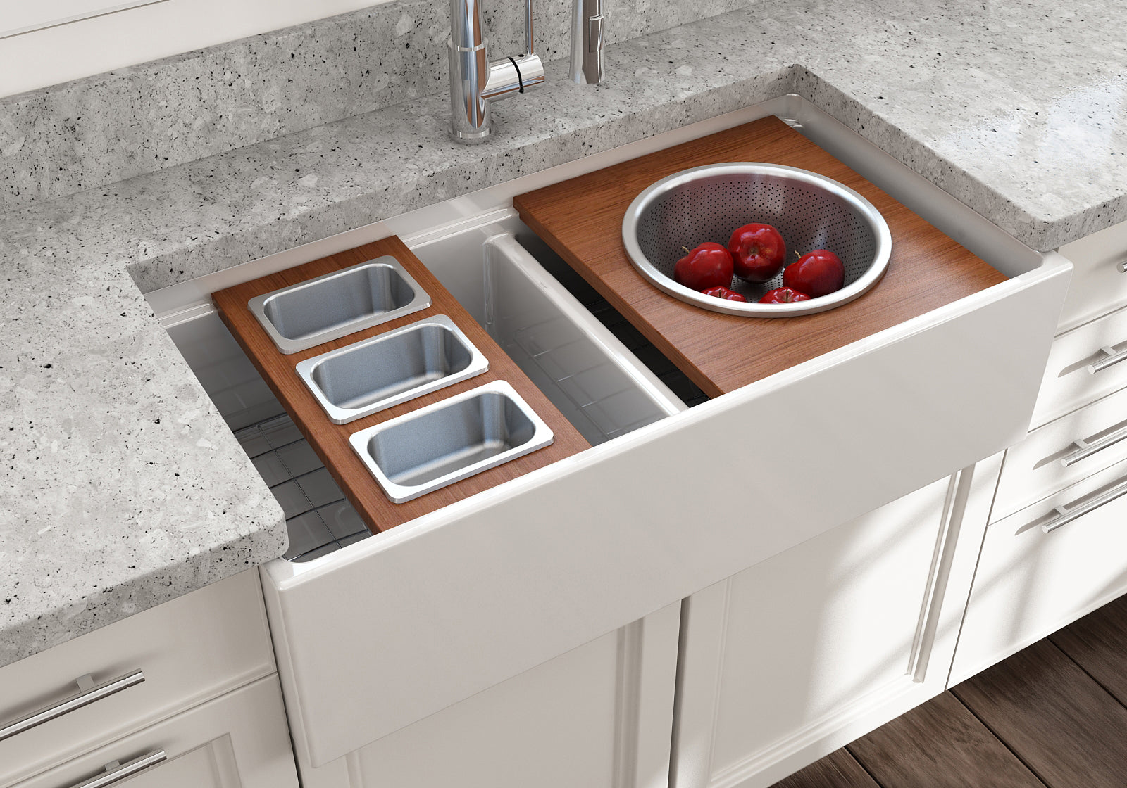 BOCCHI Wood Board with Large Round Stainless Steel Mixing Bowl and Colander