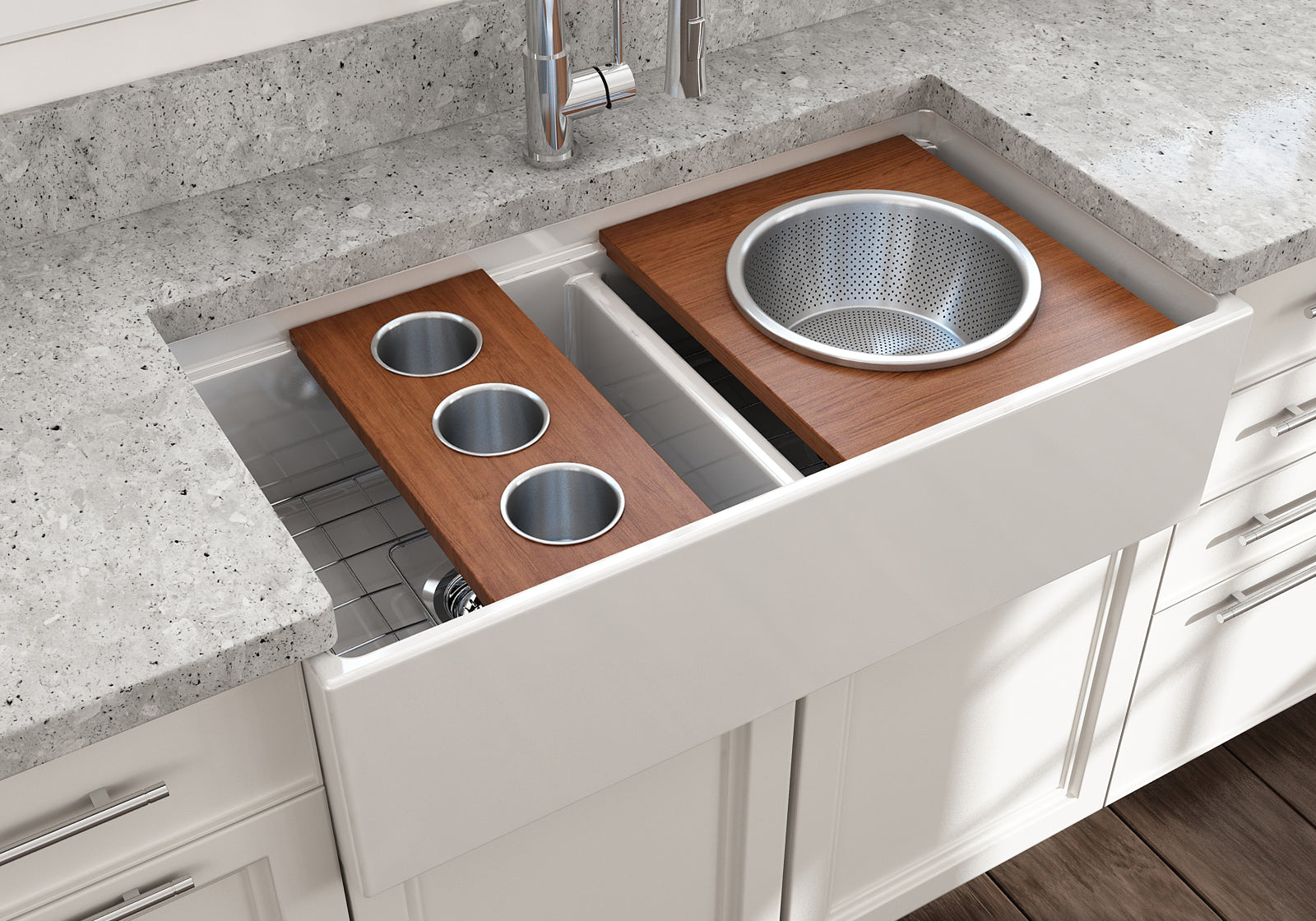 BOCCHI Wood Board with 3 Round Stainless Steel Bowls