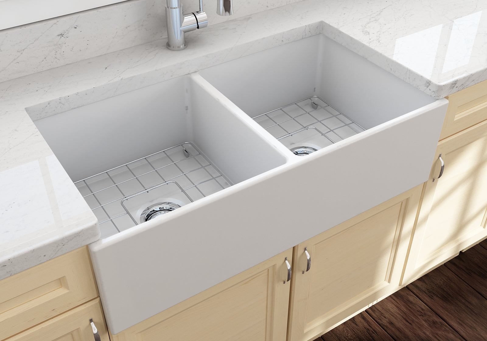 BOCCHI Contempo 36" Fireclay Farmhouse Apron 50/50 Double Bowl Kitchen Sink, Matte White, 1350-002-0120