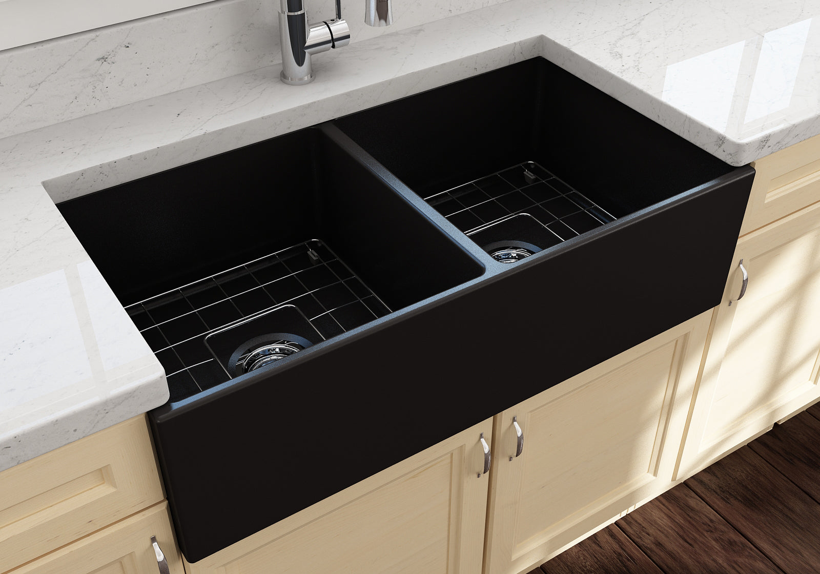 BOCCHI Contempo 36" Fireclay Farmhouse Apron 50/50 Double Bowl Kitchen Sink, Matte Black, 1350-004-0120