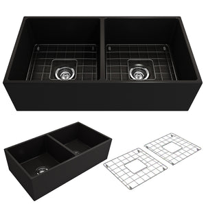 Alternate Image for BOCCHI Contempo 36" Fireclay Farmhouse Apron 50/50 Double Bowl Kitchen Sink, Black, 1350-005-0120