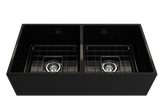 BOCCHI Contempo 36" Fireclay Farmhouse Apron 50/50 Double Bowl Kitchen Sink, Black, 1350-005-0120 with Grid Angled View | The Sink Boutique