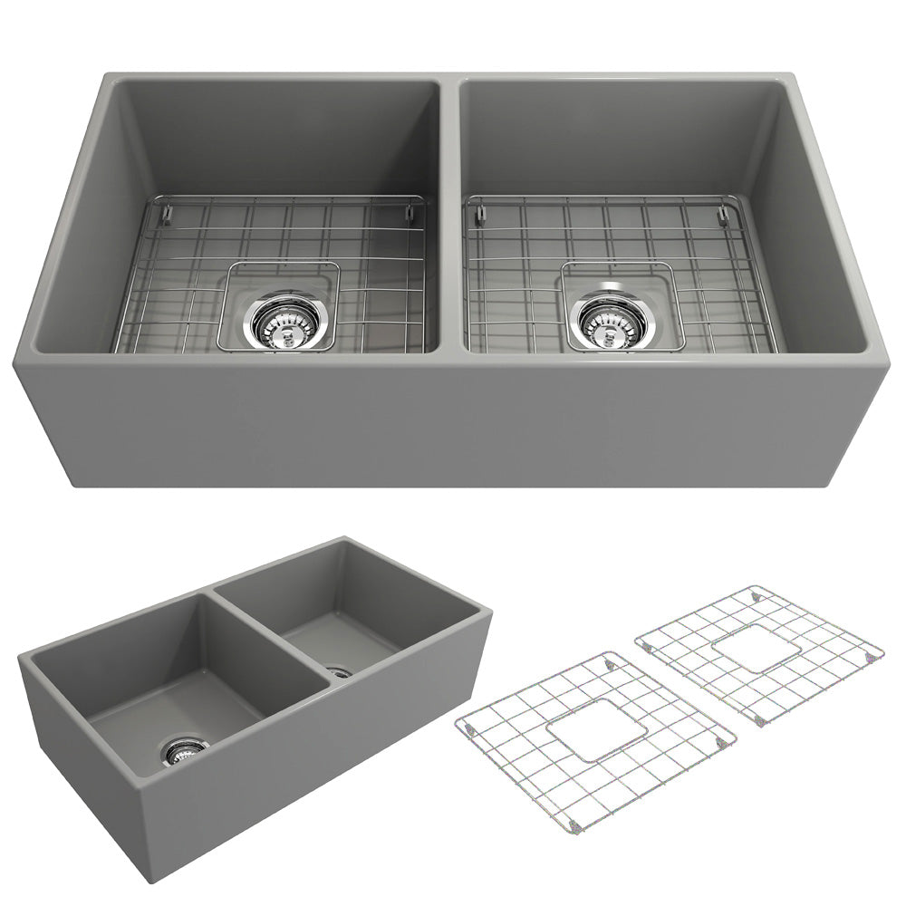 BOCCHI Contempo 36" Fireclay Farmhouse Apron 50/50 Double Bowl Kitchen Sink, Matte Gray, 1350-006-0120