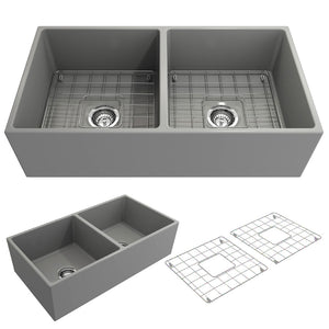 Alternate Image for BOCCHI Contempo 36" Fireclay Farmhouse Apron 50/50 Double Bowl Kitchen Sink, Matte Gray, 1350-006-0120