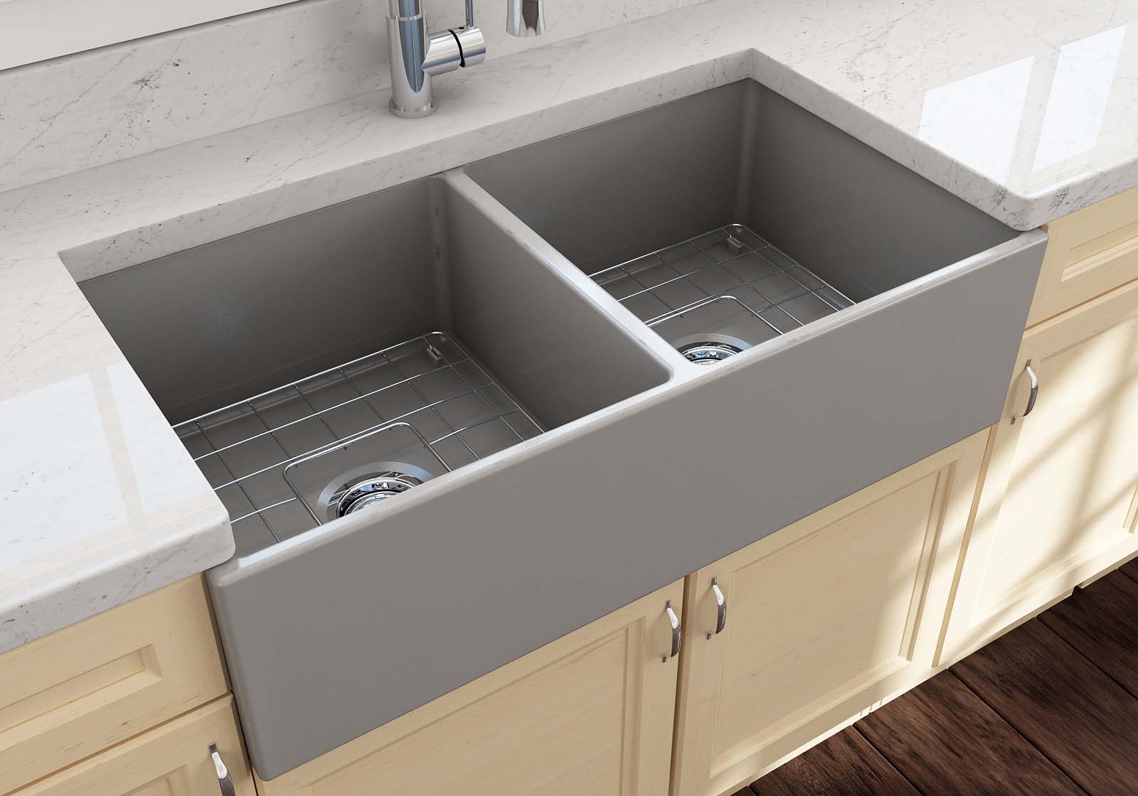 BOCCHI Contempo 36" Fireclay Farmhouse Apron 50/50 Double Bowl Kitchen Sink, Matte Gray, 1350-006-0120
