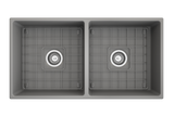 BOCCHI Contempo 36" Fireclay Farmhouse Apron 50/50 Double Bowl Kitchen Sink, Matte Gray, 1350-006-0120 Top View with Grid | The Sink Boutique