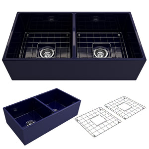 Alternate Image for BOCCHI Contempo 36" Fireclay Farmhouse Apron 50/50 Double Bowl Kitchen Sink, Sapphire Blue, 1350-010-0120