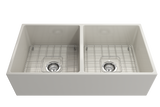 BOCCHI Contempo 36" Fireclay Farmhouse Apron 50/50 Double Bowl Kitchen Sink, Biscuit, 1350-014-0120 with Grid Angled View | The Sink Boutique
