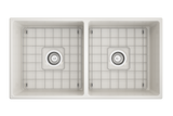 BOCCHI Contempo 36" Fireclay Farmhouse Apron 50/50 Double Bowl Kitchen Sink, Biscuit, 1350-014-0120 Top View with Grid | The Sink Boutique