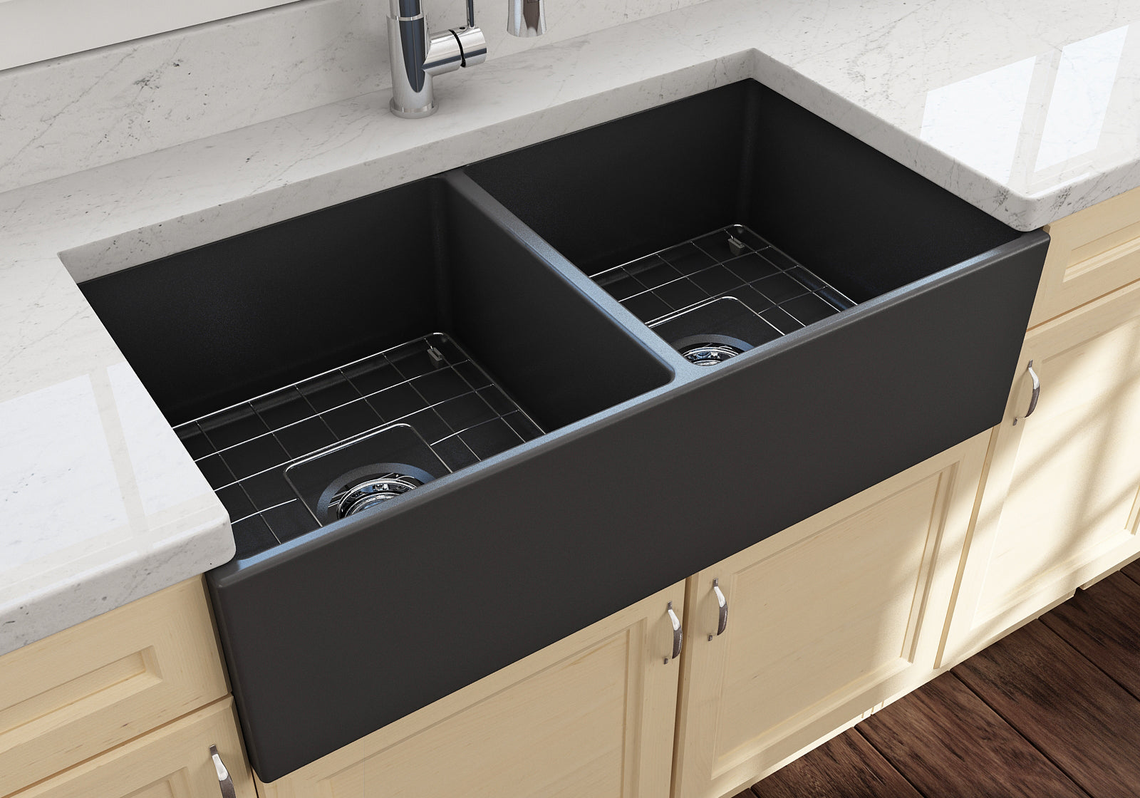 BOCCHI Contempo 36" Fireclay Farmhouse Apron 50/50 Double Bowl Kitchen Sink, Matte Dark Gray, 1350-020-0120