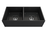 BOCCHI Contempo 36" Fireclay Farmhouse Apron 50/50 Double Bowl Kitchen Sink, Matte Dark Gray, 1350-020-0120 with Grid Angled View | The Sink Boutique