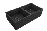 BOCCHI Contempo 36" Fireclay Farmhouse Apron 50/50 Double Bowl Kitchen Sink, Matte Dark Gray, 1350-020-0120 with Grid Straight View | The Sink Boutique