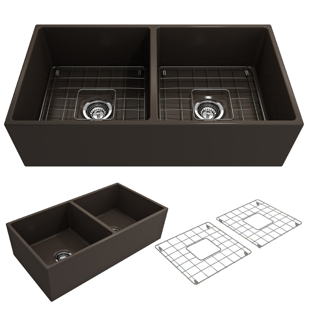 BOCCHI Contempo 36" Fireclay Farmhouse Apron 50/50 Double Bowl Kitchen Sink, Matte Brown, 1350-025-0120