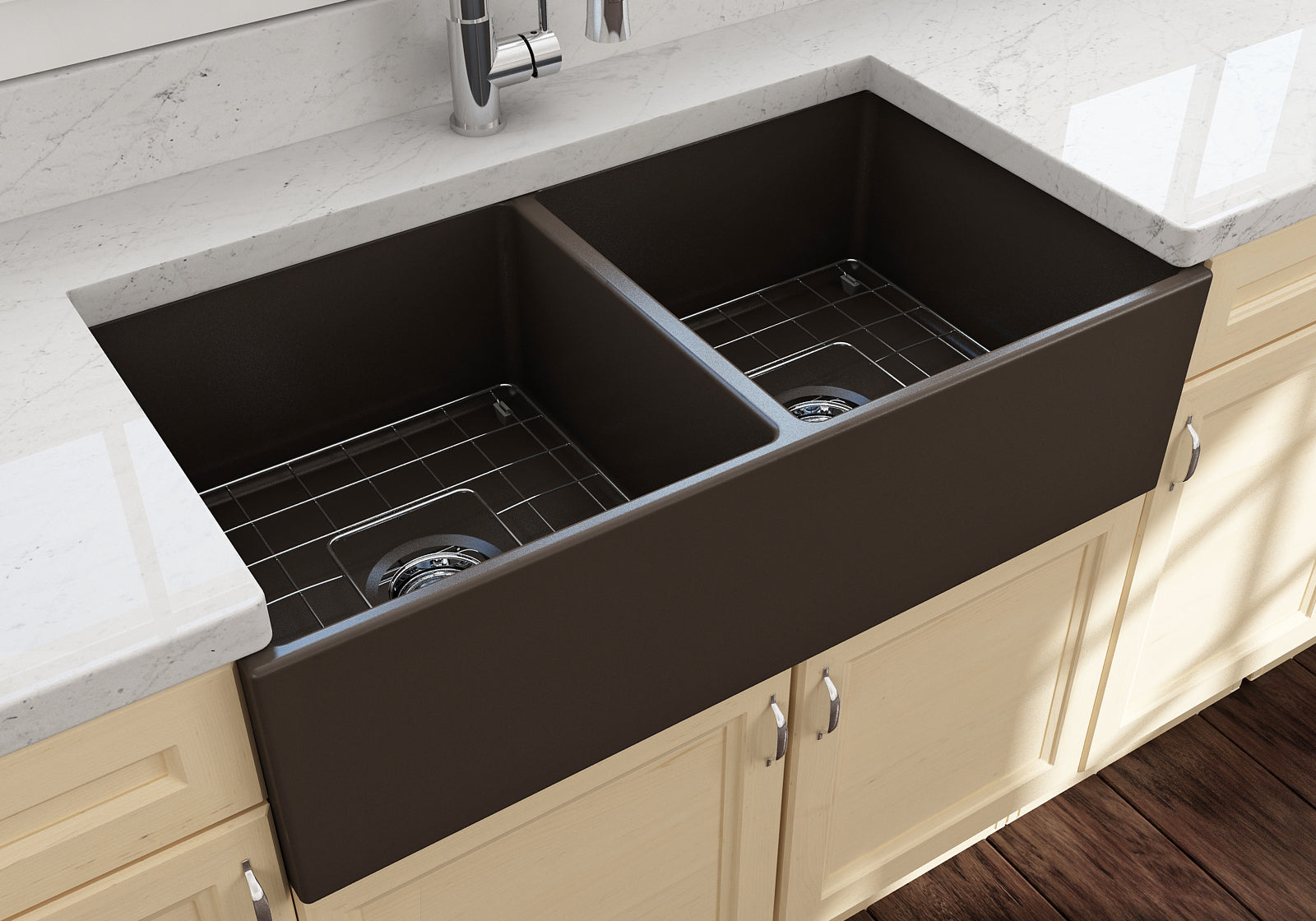 BOCCHI Contempo 36" Fireclay Farmhouse Apron 50/50 Double Bowl Kitchen Sink, Matte Brown, 1350-025-0120
