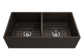 BOCCHI Contempo 36" Fireclay Farmhouse Apron 50/50 Double Bowl Kitchen Sink, Matte Brown, 1350-025-0120 with Grid Angled View | The Sink Boutique