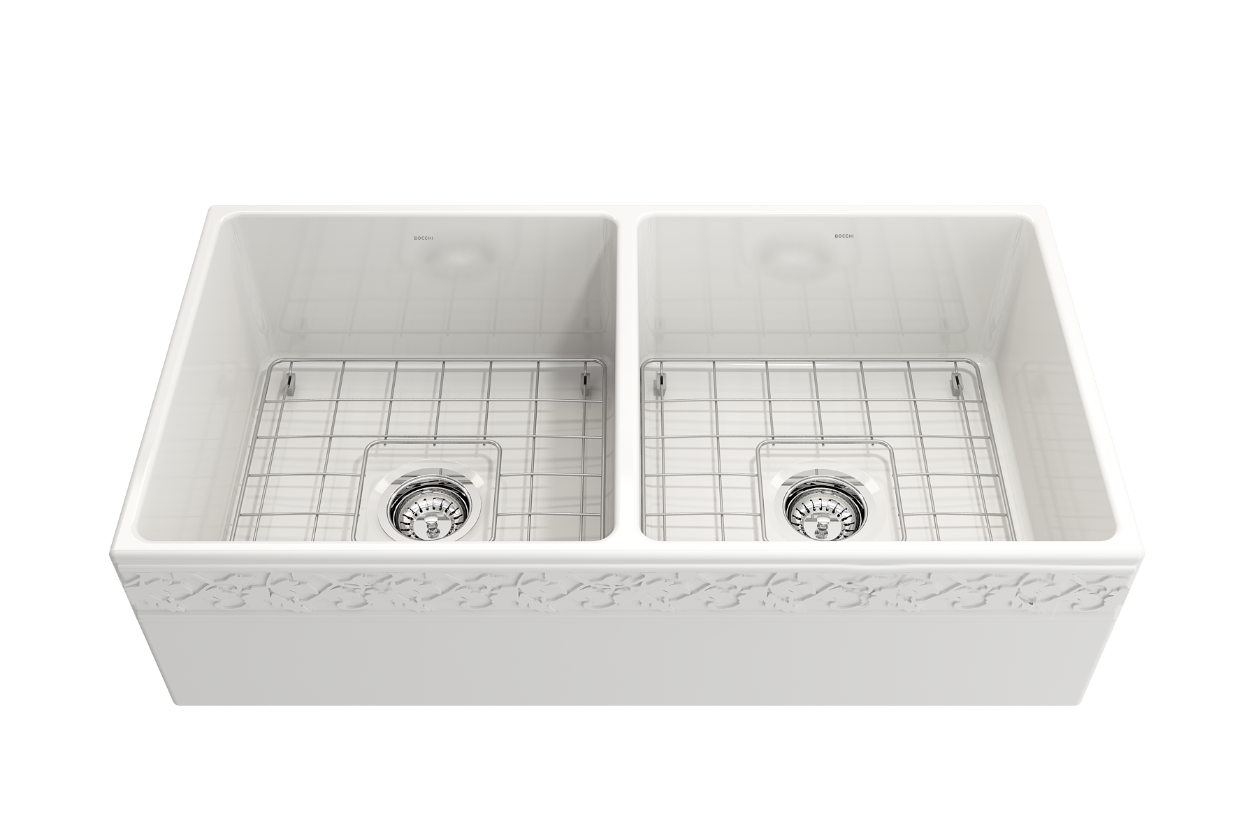 BOCCHI Vigneto 36" Fireclay Farmhouse Apron 50/50 Double Bowl Kitchen Sink, White, 1351-001-0120