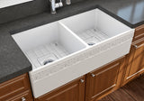 BOCCHI Vigneto 36" Fireclay Farmhouse Apron 50/50 Double Bowl Kitchen Sink, Matte White, 1351-002-0120