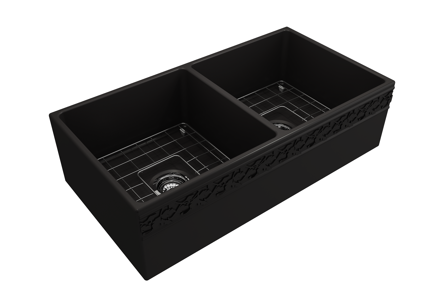 BOCCHI Vigneto 36" Fireclay Farmhouse Apron 50/50 Double Bowl Kitchen Sink, Matte Black, 1351-004-0120